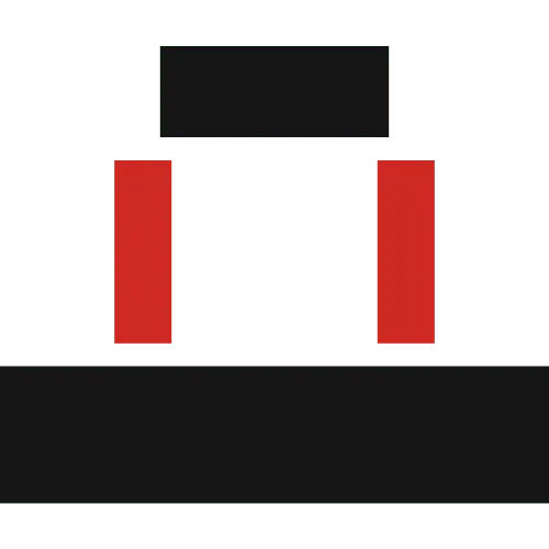 Černé obdélníky a červené pruhy na zeleném pozadí.