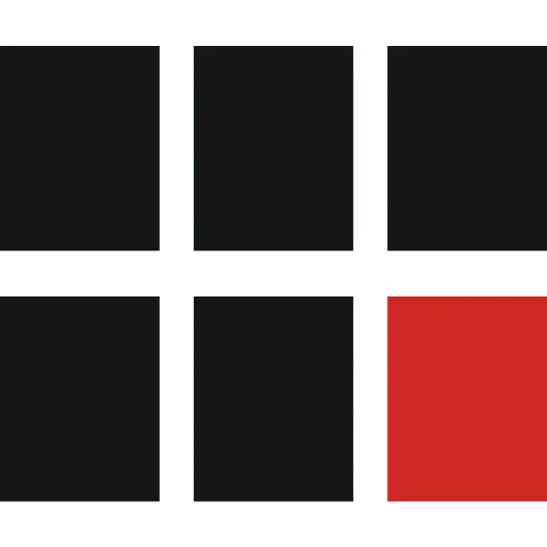 Pět černých a jeden červený čtverec uspořádané do dvou řad.