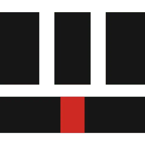 Černé pravoúhlé tvary s červeným čtvercem uprostřed na bílém pozadí.