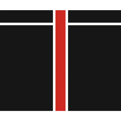 Černý design s vertikálním červeným pruhem uprostřed.