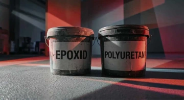 Dva kbelíky s nápisy "EPOXID" a "POLYURETAN" stojící na podlaze s dramatickým osvětlením.