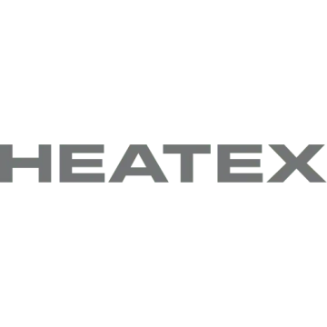 Textový nápis "HEATEX" v šedé barvě na bílém pozadí.