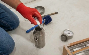 Osoba plnící ocelovou nádobu ze zkumavky, vedle kartáč a tlakoměr.