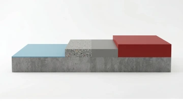 Barevné vrstvy na betonovém podkladu, zleva modrá, šedá a červená.