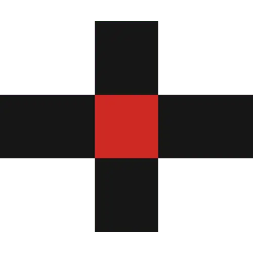 Černý kříž s červeným čtvercem uprostřed na zeleném pozadí.